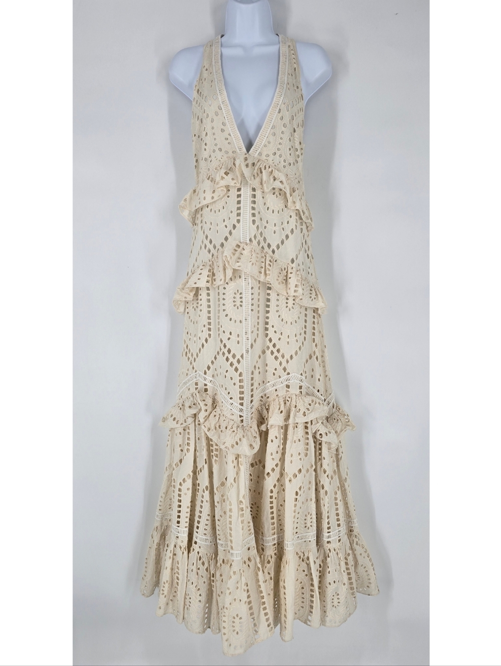 Hemant and Nandita Beige Layered Eyelet Maxi Dress V-Neck Size S NEW Sample